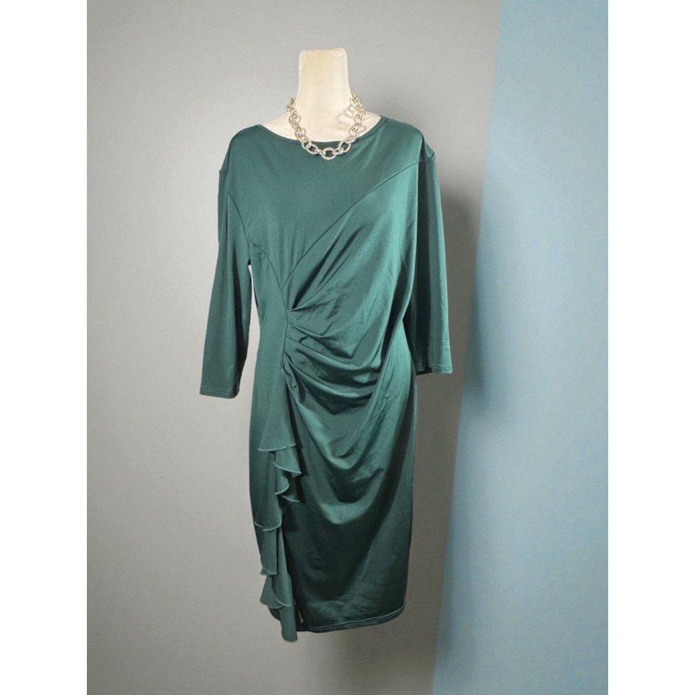 Size XL Forest Green Ruched ruffle stretch business casual church holiday dress